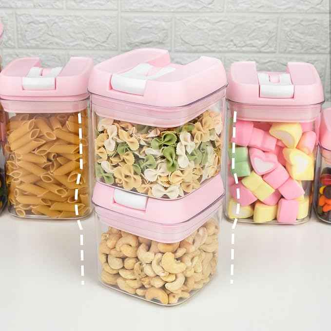 U-QE Airtight Food Storage Container Set-10 Piece BPA Free Clear Plastic Cereal Canisters with Easy Lock Lids-Kitchen & Pantry Organization Containers for Sugar, Flour, Cereal, Labels & Marker(Pink)