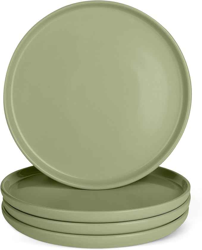Amazon Basics Glazed Stoneware Dinner Plates, Ceramic 4-Piece Set, Microwave, Dishwasher and Freezer-Safe, 10.5 in., Olive