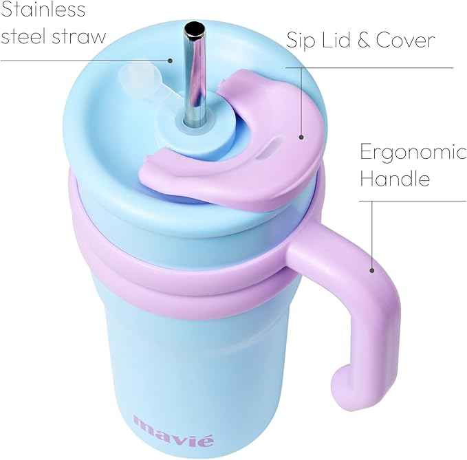 24oz Tumbler With Handle & Metal Straw + Silicone Cover & Sip Spout, Double Insulated Stainless Steel Water Bottle With Rubber Base, Leakproof, Cup Holder Friendly Travel Coffee Mug (Blue)