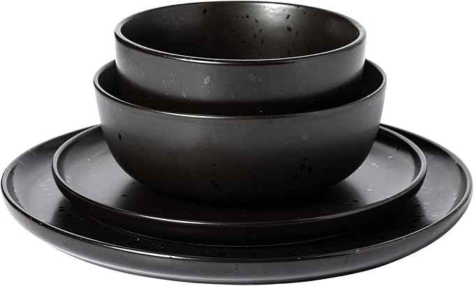 Gibson Elite James Street Stoneware Matte Reactive Double Bowl Dinnerware Set - Pepper Black, Service for 4 (16pcs)