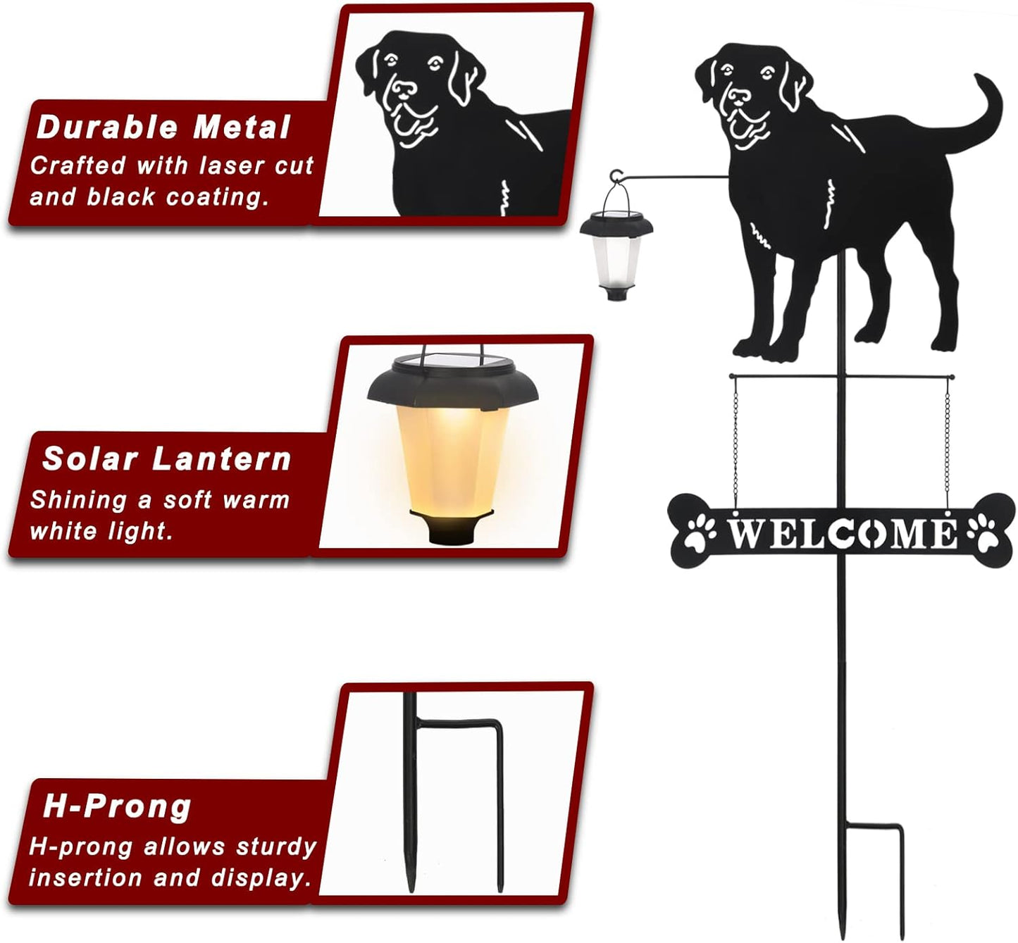 BAYN Solar Labrador Silhouette Dog Breed Welcome Sign with a Lantern Outdoor Decorative Garden Stakes for Yard, Lawn, Patio, Pathway