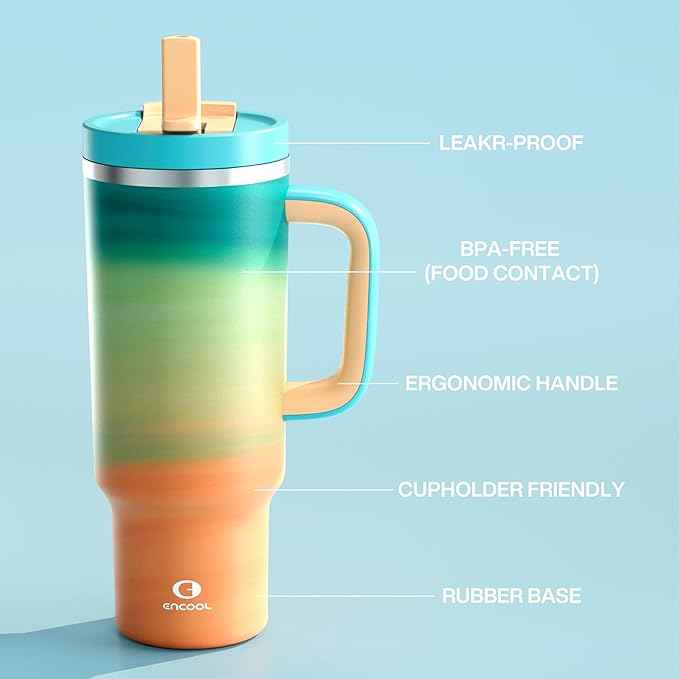 40 oz Tumbler with Handle and Straw: Stainless Steel Insulated Tumbler Keeps Cold for 24 Hours, Leakproof Travel Cup Fits in Cup Holder and BPA-Free, Avenue