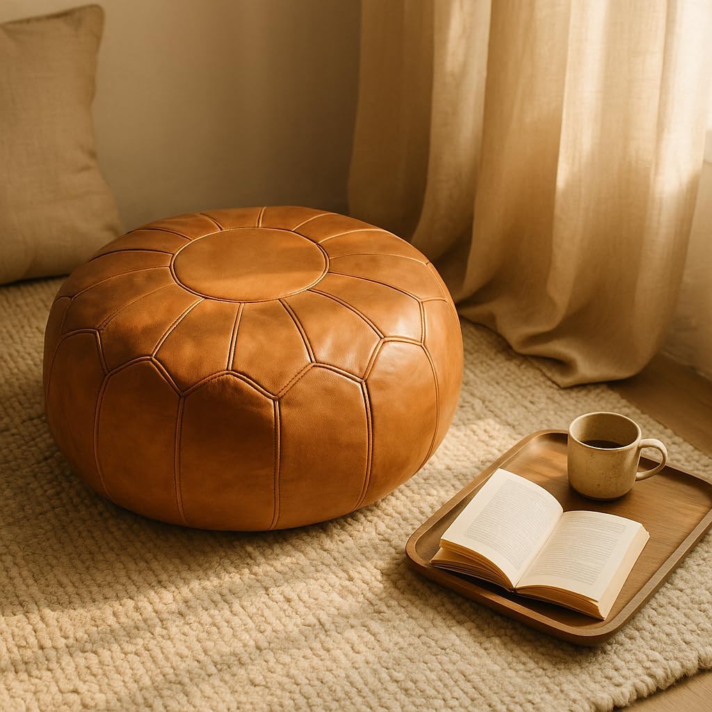 Moroccan Ottoman Leather Pouf – Luxurious Boho Decor for Living Room, Bedroom, or Lounge Seating | Handmade Comfort & Style