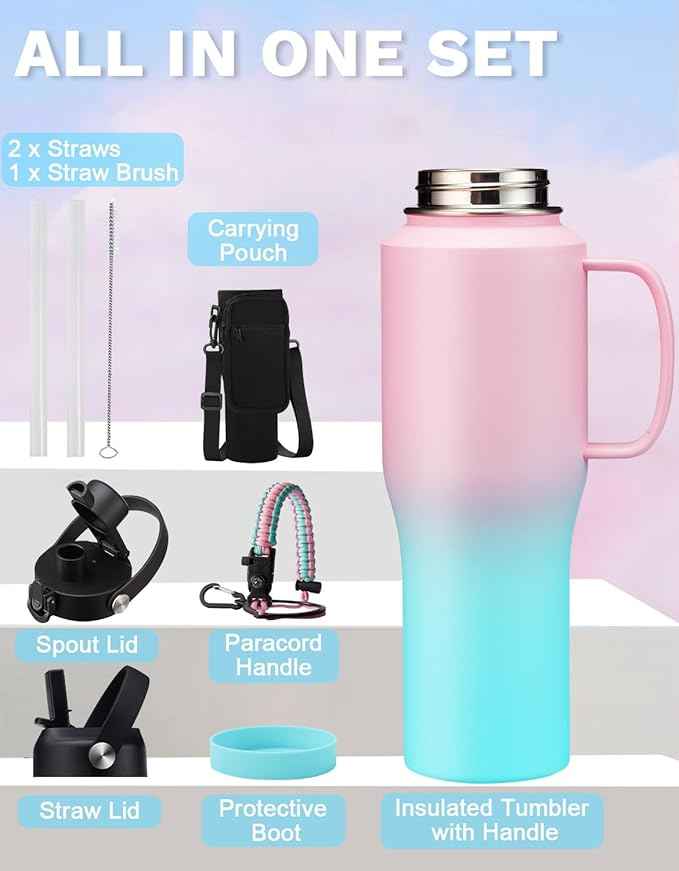 32 OZ Stainless Steel Water Bottle with Straw - Kepp Cold 48Hrs Slim Water Bottle Fits in Cup Holder, 32oz Waterbottle with Straw & Spout Lids, Carrier Bag, Insulated Tumbler Cups Flask for Travel