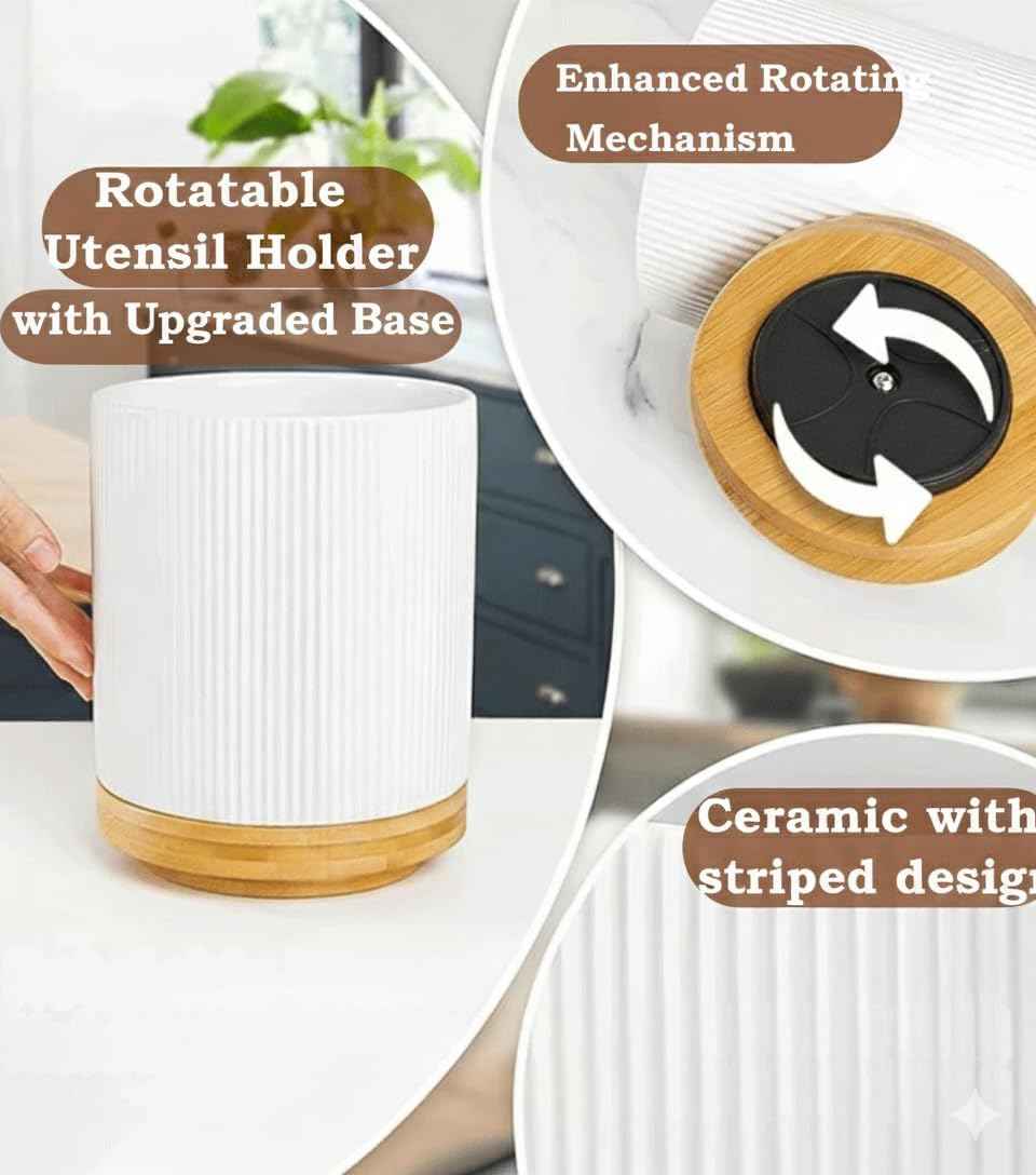 Utensil Holder, 360° Rotating Extra Large Ceramic Kitchen Utensil Holder for Countertop 7.3“ Cooking Utensil Crocks for Kitchen Counter with Rotatable Wooden Base, Farmhouse Decor, White