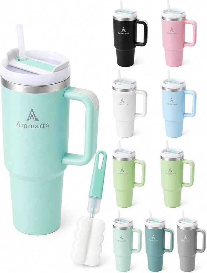40oz Stainless Steel Vacuum Insulated Tumbler with Handle and Straw, Large Capacity Insulated Cup (Light Green)