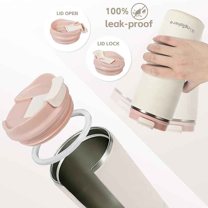 Travel Coffee Mug with Lid, 16 oz Insulated Tumbler, Leak Proof Stainless Steel Cup, for Hot Coffee, Iced Tea & Water, BPA Free, Car Cups Holder Friendly, Beige