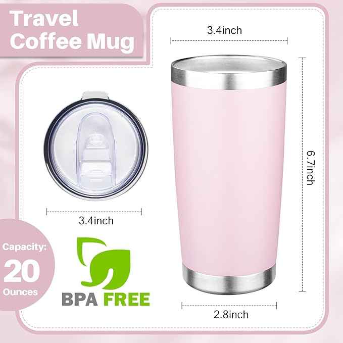 20oz Tumbler with Lid Double Wall Vacuum Insulated Travel Coffee Mug Stainless Steel Thermal Cup Powder Coated Sturdy Coffee Tumbler Bulk for Hot and Cold Beverage (Pink,1)