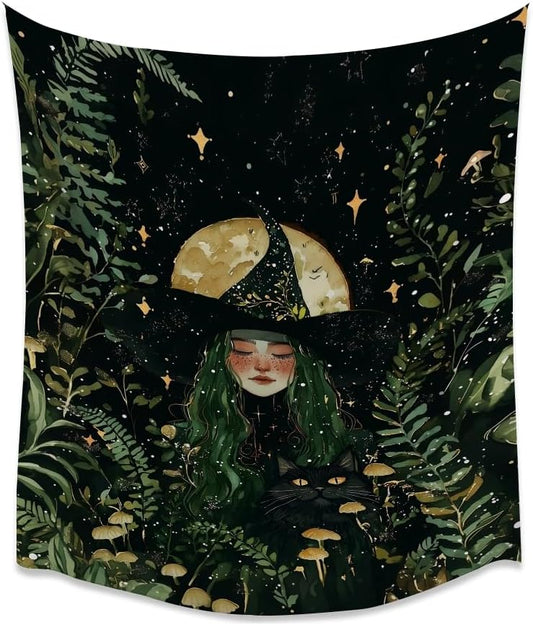 Moon Witch Tapestry Wall Hanging Mystical Botanical Green Print Dark Forest Witchy Decor Gothic Magical Black Cat and Moon Tapestries for Bedroom Living Room Dorm Decoration Aesthetic 60x80inch