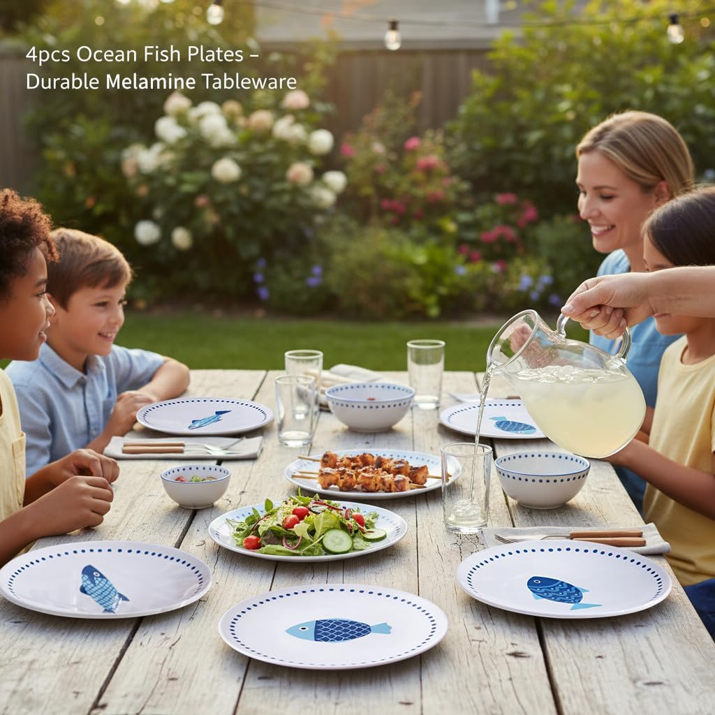 10 Inch Melamine Dinner Plates Set of 4 – Lightweight & Break-Resistant Dishes, Coastal Blue Ocean Fish Design, Reusable Plates for Indoor/Outdoor Use, Unbreakable Dessert Plate