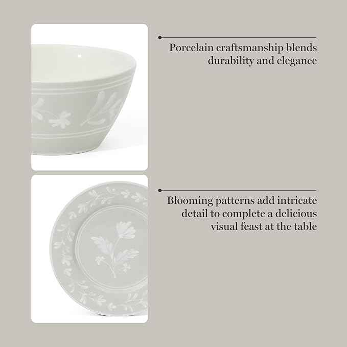 Martha Stewart Dinnerware Set - Maiden Crown 12-Piece Dish Set, Sage Green – New Bone China Ceramic Plates & Bowls – Floral Design – Service for 4 – Microwave & Dishwasher Safe