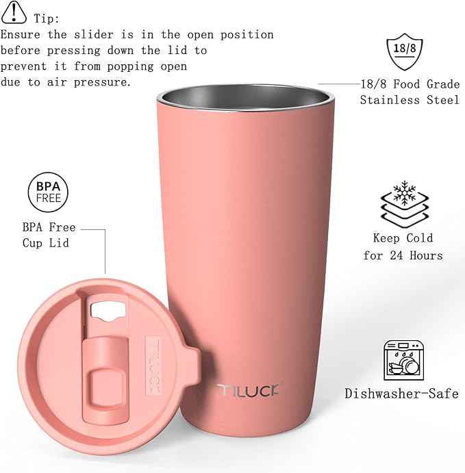 TILUCK 20 oz Insulated Tumbler with BPA-Free Lid, Stainless Steel Vacuum Travel Coffee Mug, Double Wall Coffee Tumbler（20oz，Matte CoralRed）