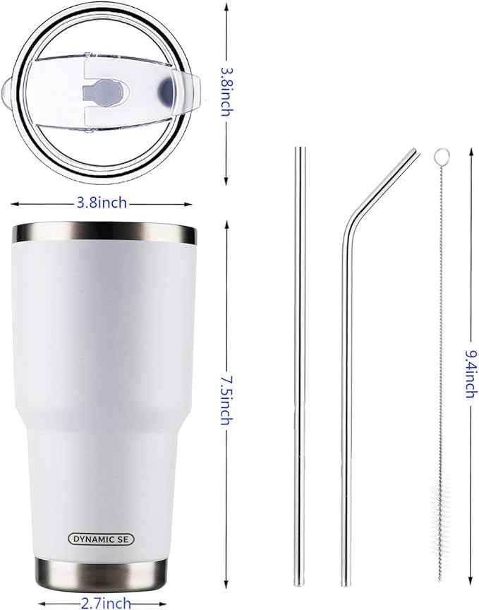 D·S 30oz White Tumbler Stainless Steel Double Wall Vacuum Insulated Mug with Straw and Lid, Cleaning Brush for Cold and Hot Beverages (30oz White)