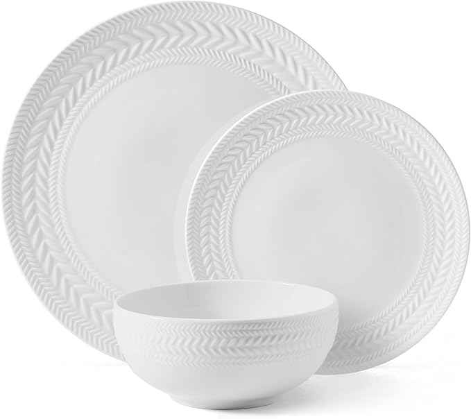 Pfaltzgraff Josephine 24-Piece Dinnerware Set, Porcelain Dish Set with Embossed Basket Weave Design, Service for 8, White Plates and Bowls Sets, Microwave and Dishwasher Safe