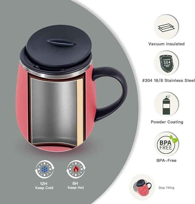 Ideus 16 oz Insulated Coffee Mug with Handle and Lid, Double Wall Stainless Steel Vacuum Thermal Coffee Mug, Travel Coffee Cup Thermal Cup for Home and Office, Jellyfish Red