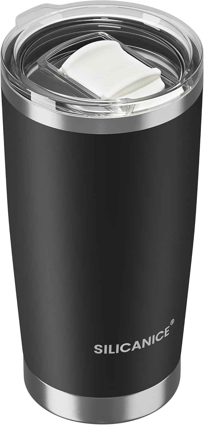 Coffee Tumbler 20 oz, Double Wall Stainless Steel Travel Coffee Mug with Removable Slider Lid, BPA Free, Car Cup Holder Compatible - Gym/Office/Travel/Home - Black