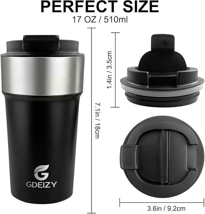 17oz Double Wall Stainless Steel Vacuum Insulated Travel Mug, Spill-Proof & Leak-Proof Coffee Mug, BPA-Free Reusable Coffee Cup for Hot & Cold Drinks, Black (Black)
