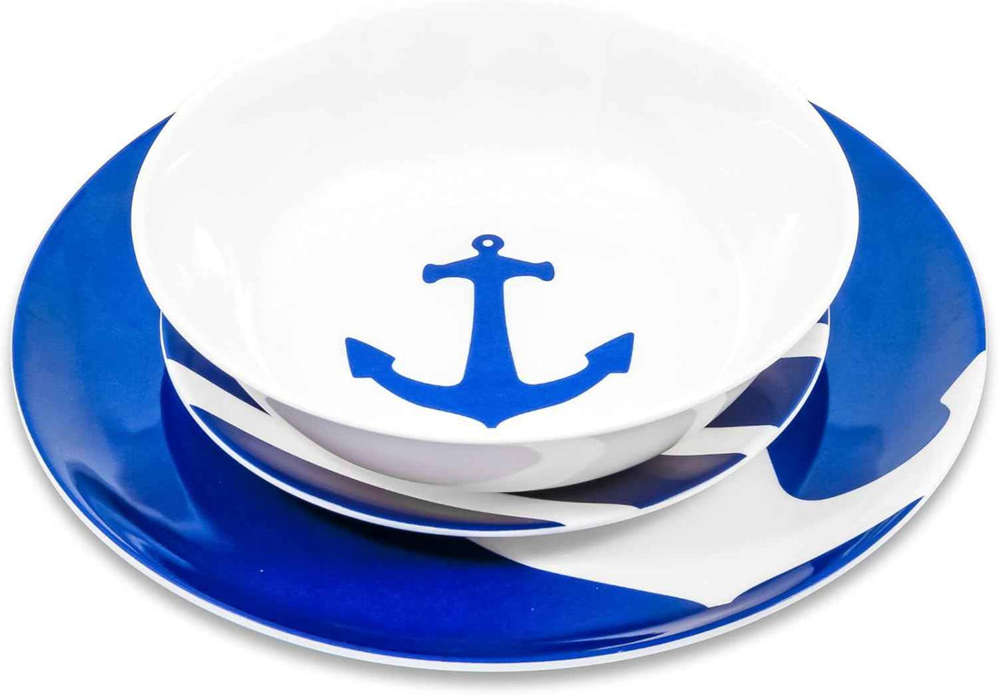 Camco 12 Piece Melamine Dishware Set - Features Blue and White Nautical Design - Includes 4 Bowls, 4 Salad Plates, & $ Dinner Plates - Dishwasher Safe Dish Set (41951)