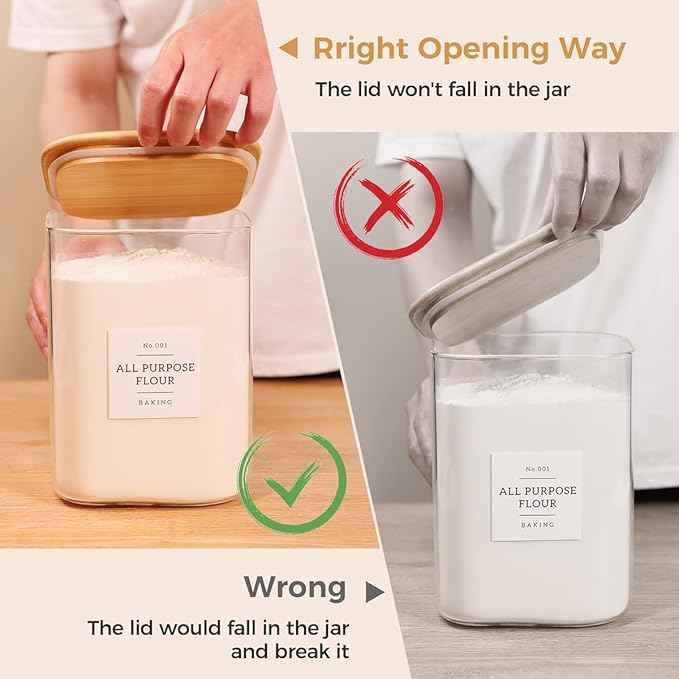2 Pack Square Glass Flour and Sugar Containers with 132 Kitchen Pantry Labels - Thicken 120 FL OZ Large Glass Storage Jars with Airtight Bamboo Lid - Big Food Canisters for Cookies, Rice, Coffee