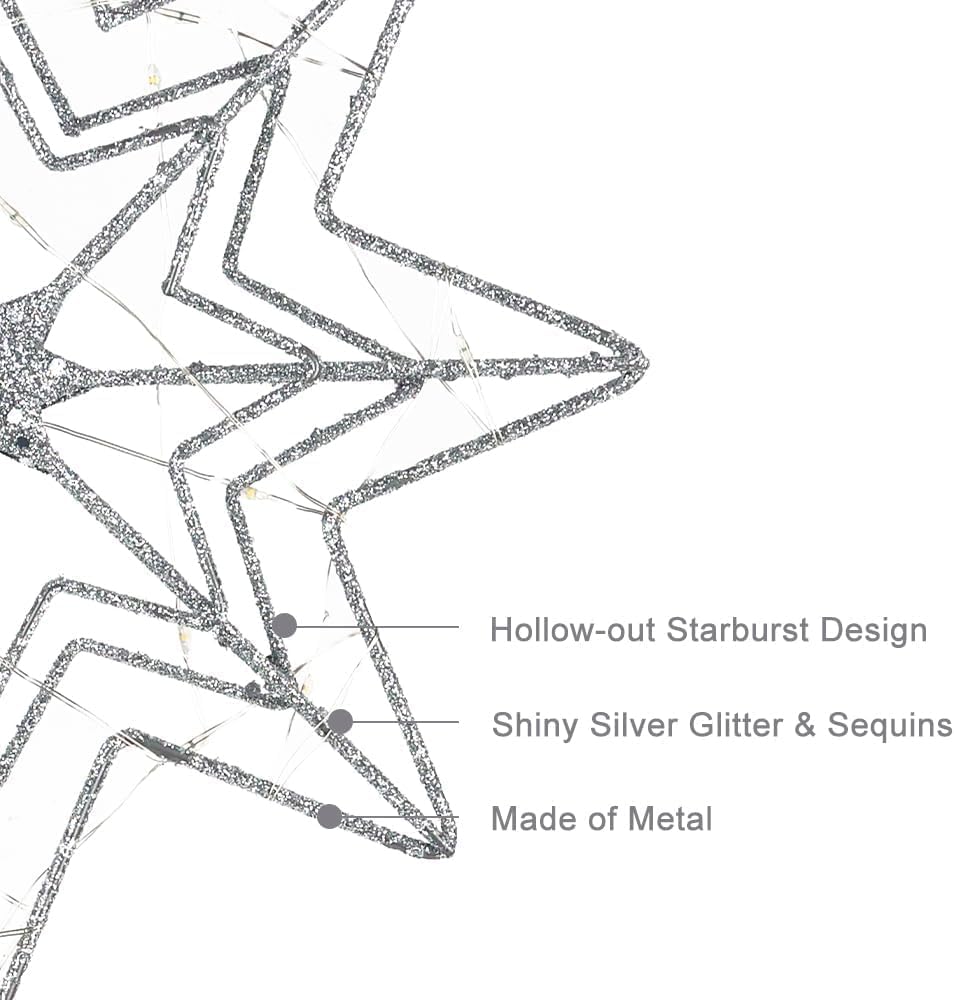 hogardeck Christmas Tree Topper, Glittered Silver 8-Pointed Star Tree Topper for Christmas Treetop, 20 LED Timer Sparkling Tree Toppers for Christmas Tree Decorations