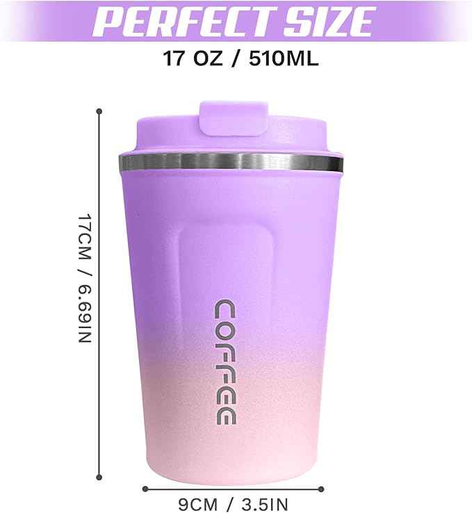 SPLMIFA Travel coffee mugs leak-proof,coffee cups with lids, stainless steel vacuum insulated coffee tumblers, thermal insulation cups for men & women keep drinks hot & cold(2nd-Purple Pink, 17OZ)