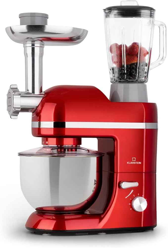Klarstein Lucia Elegance - Stand Mixer, Food Processor and Mixer, Meat Grinder, 1300 Watt in 6 Power Levels, Pulse Function, 5L Stainless Steel Bowl, 1.5L Glass Mixing Jug, Red
