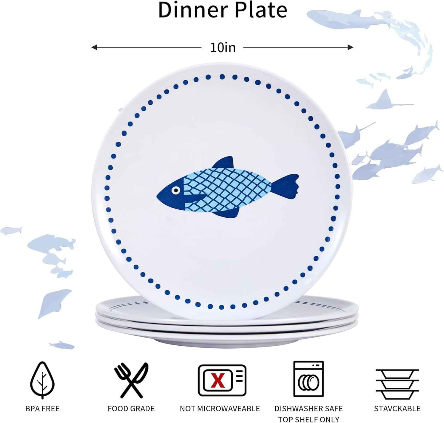 10 Inch Melamine Dinner Plates Set of 4 – Lightweight & Break-Resistant Dishes, Coastal Blue Ocean Fish Design, Reusable Plates for Indoor/Outdoor Use, Unbreakable Dessert Plate