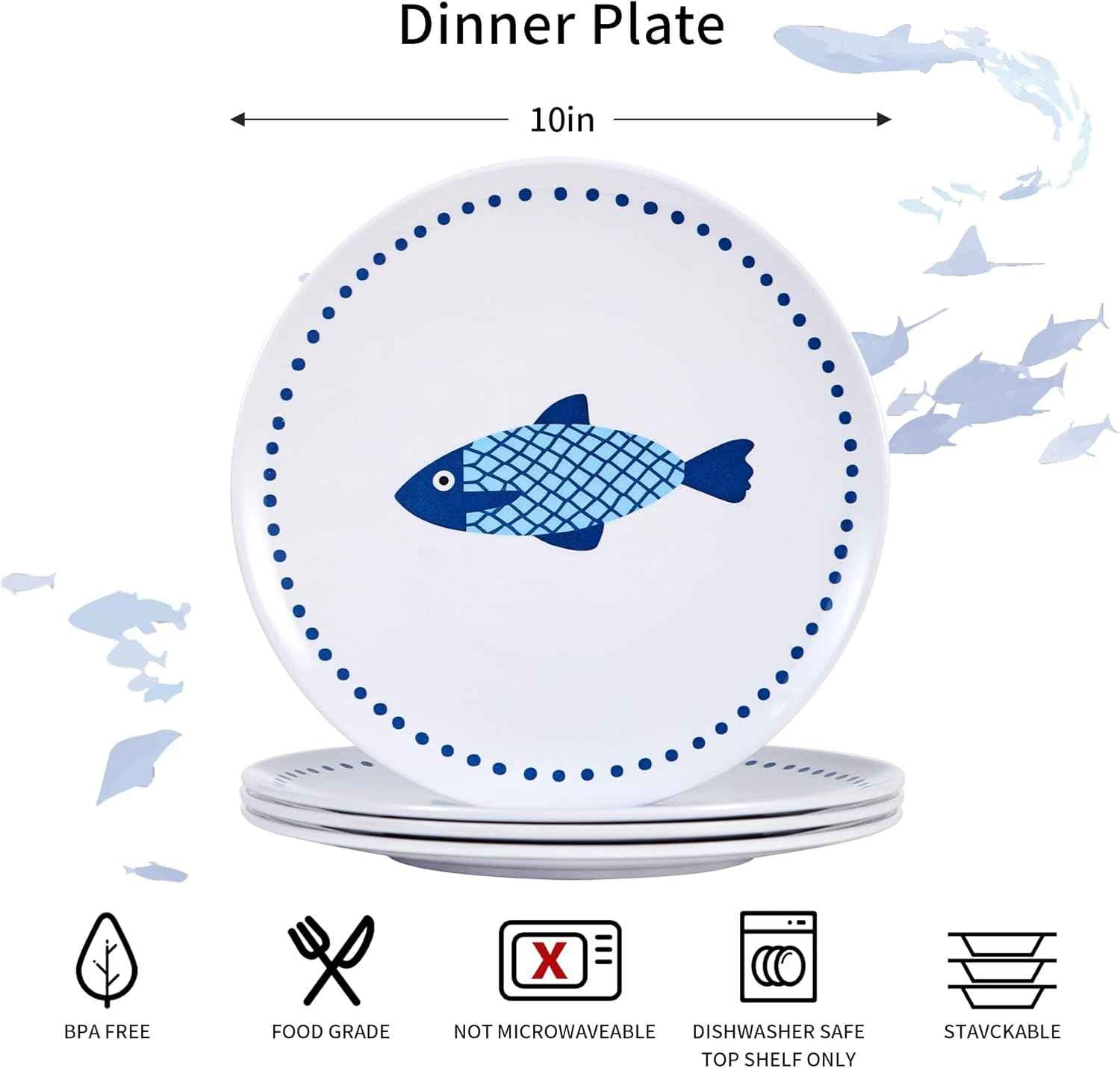 10 Inch Melamine Dinner Plates Set of 4 – Lightweight & Break-Resistant Dishes, Coastal Blue Ocean Fish Design, Reusable Plates for Indoor/Outdoor Use, Unbreakable Dessert Plate