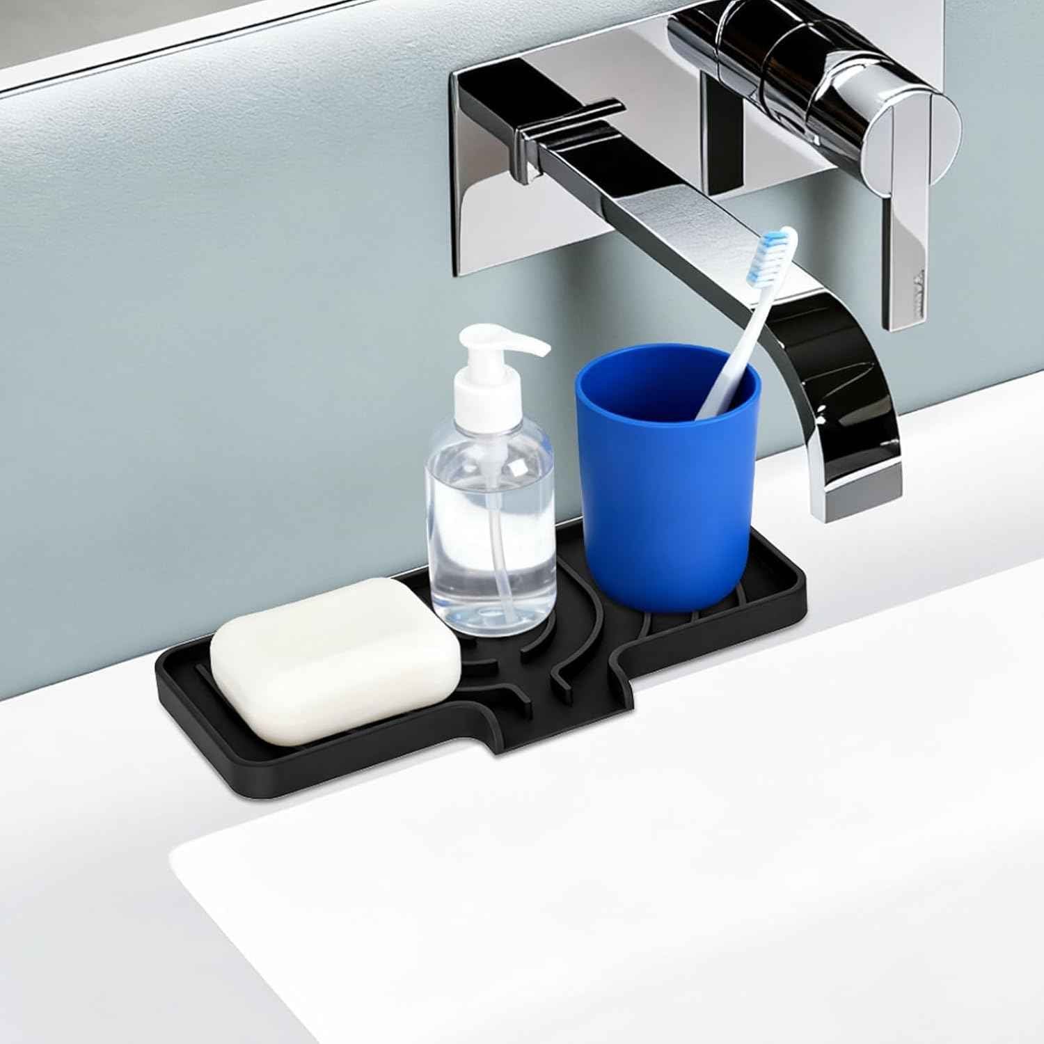 Silicone Sponge Holder for Kitchen Sink With Drain Spout, Self Draining, Kitchen Soap Tray, Bathroom Organizer, Sink Caddy (Black, 10×4)