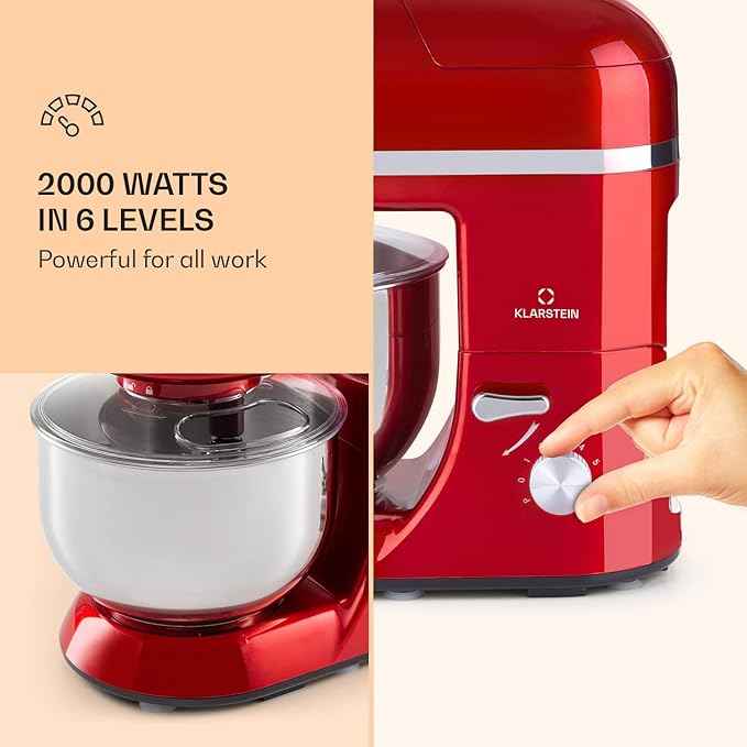 Klarstein Lucia Elegance - Stand Mixer, Food Processor and Mixer, Meat Grinder, 1300 Watt in 6 Power Levels, Pulse Function, 5L Stainless Steel Bowl, 1.5L Glass Mixing Jug, Red