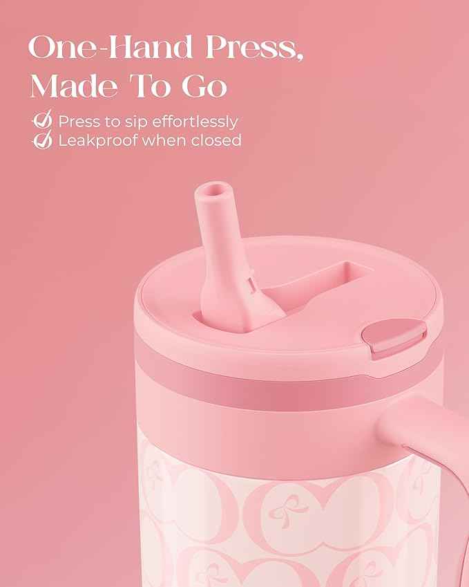 40 oz Insulated Tumbler with Handle and Push-Button Straw Lid, Stainless Steel Travel Cup for Gym Office, Leakproof, BPA-Free, Cup Holder Friendly, Bow Silicone Boot, Pink (C’ Blush)
