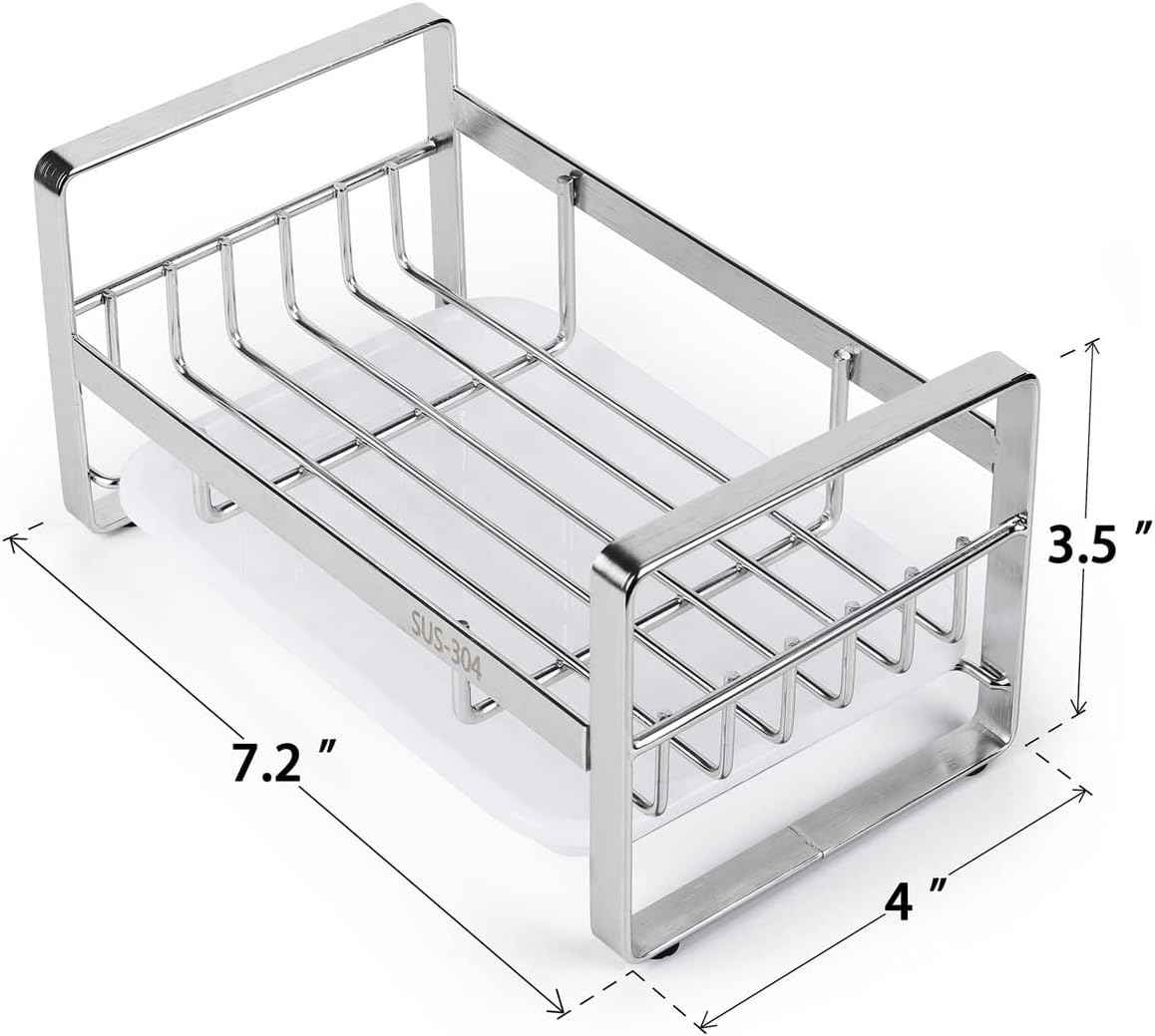 HULISEN Kitchen Sink Sponge Holder, 304 Stainless Steel Kitchen Soap Dispenser Caddy Organizer, Countertop Soap Dish Rack Drainer with Removable Drain Tray, not Including Dispenser and Brush