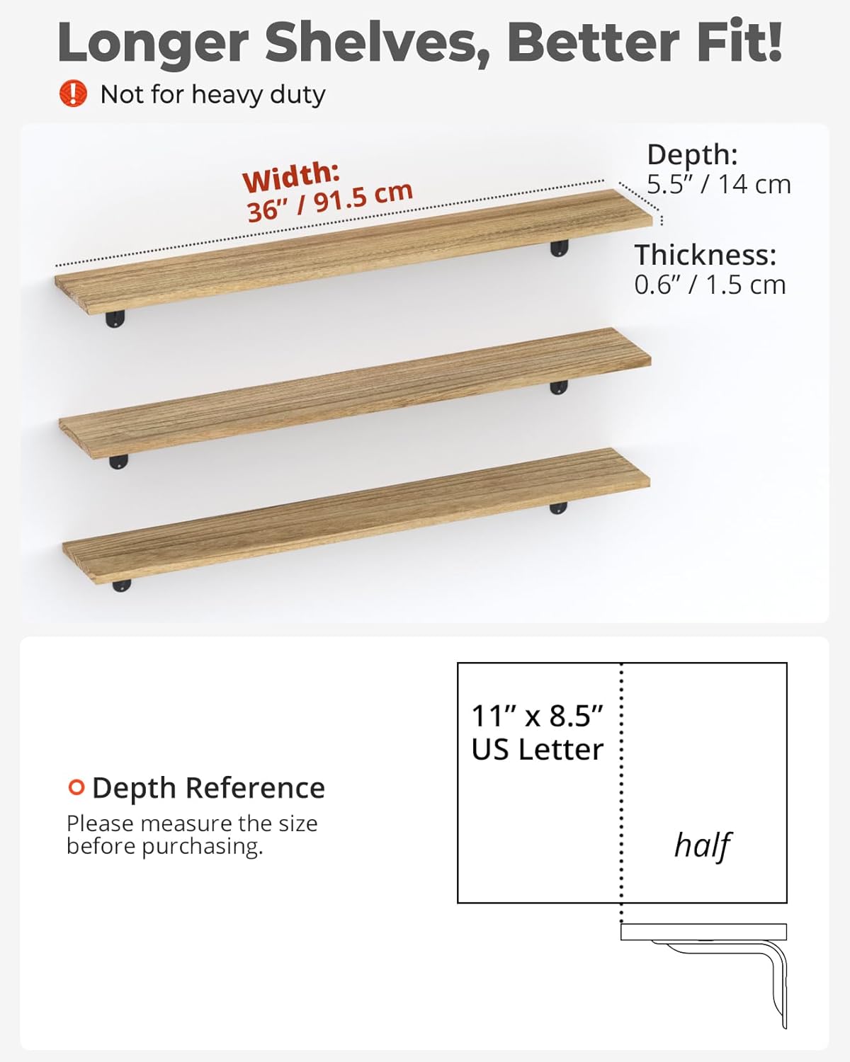 36 Inch Floating Shelves, Set of 3 Long Floating Shelves for Wall Decor, Photos & Display, Natural Wood, Rustic Style (36" x 5.5", Brown)