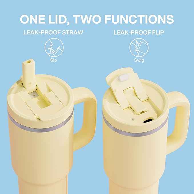 ENCOOL 40 oz Tumbler with Handle and Straw: Stainless Steel Insulated Tumbler Keeps Cold for 24 Hours, Leakproof Travel Cup Fits in Cup Holder and BPA-Free,Light Vanilla