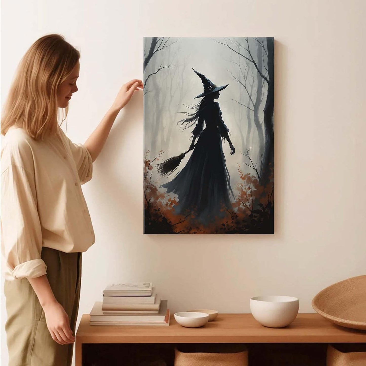 Vintage forest witch silhouette poster Halloween mural poster decoration mural art magic suitable for home living room bedroom16x24in Wood Framed