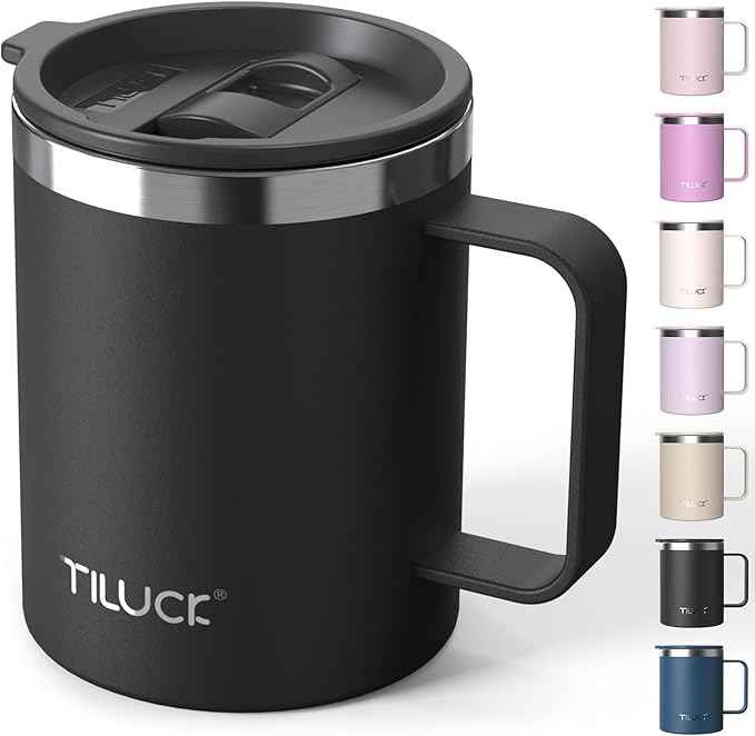 TILUCK 12 oz Insulated Coffee Mug with Lid, Double Wall Vacuum Insulated Travel Mug Cup with Handle for Hot or Cold Drinks（12oz，Matte Black）