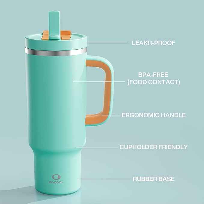 ENCOOL 40 oz Tumbler with Handle and Straw: Stainless Steel Insulated Tumbler Keeps Cold for 24 Hours, Leakproof Travel Cup Fits in Cup Holder and BPA-Free,Soft Cyan