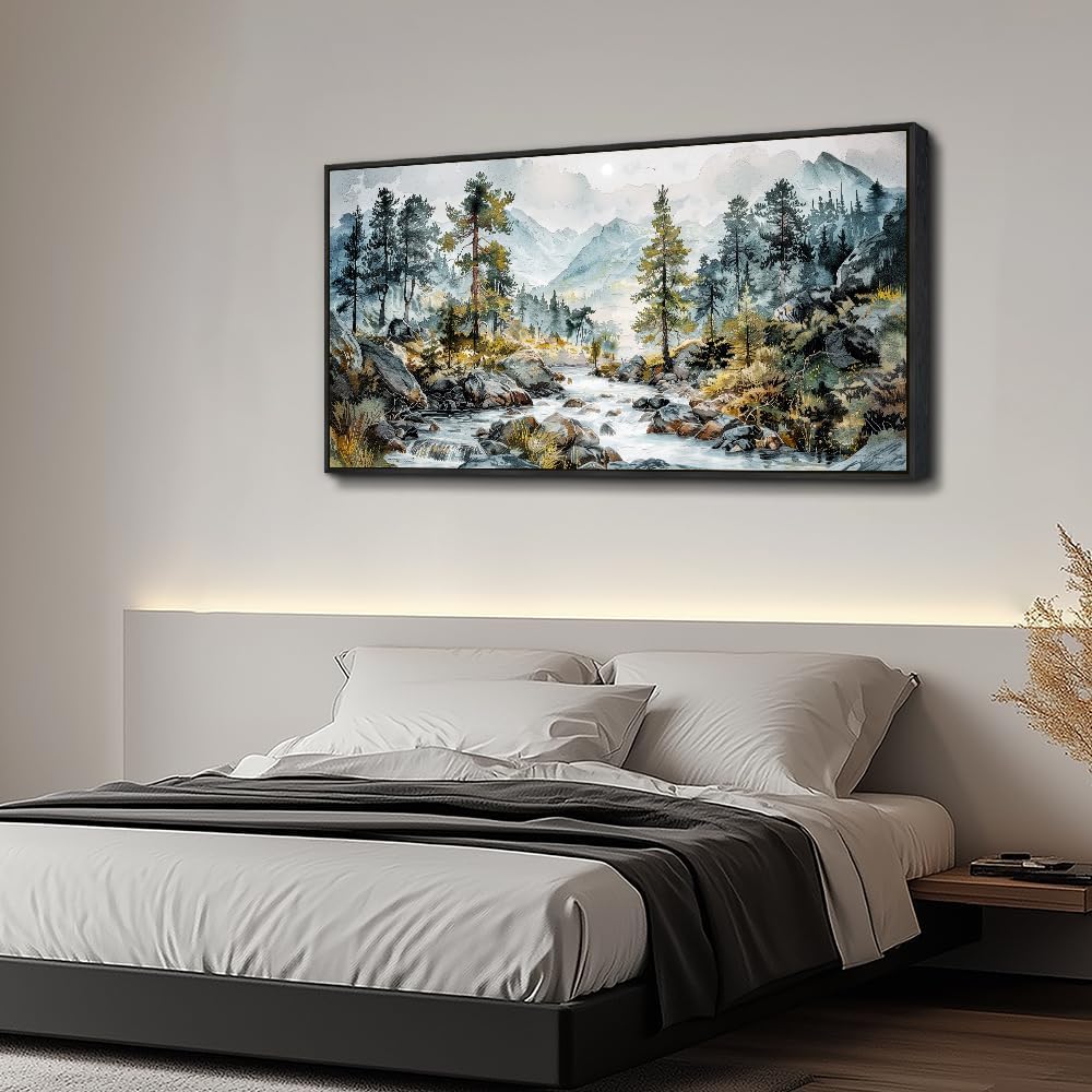 PHAOHUAXM Large Wall Art For Bedroom Wall Decor For Living Room Office Decoration Rivulet View Painting Forest Tree Landscape Watercolour Pictures Canvas Artworks Home Decor Black Framed 24x48 In