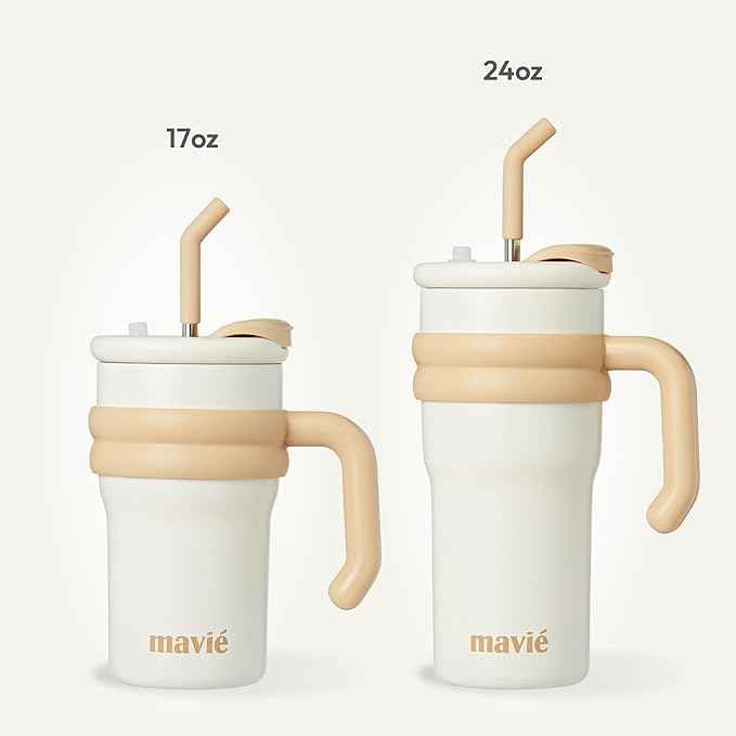 24oz Tumbler With Handle & Metal Straw + Silicone Cover & Sip Spout, Double Insulated Stainless Steel Water Bottle With Rubber Base, Leakproof, Cup Holder Friendly Travel Coffee Mug (Beige)