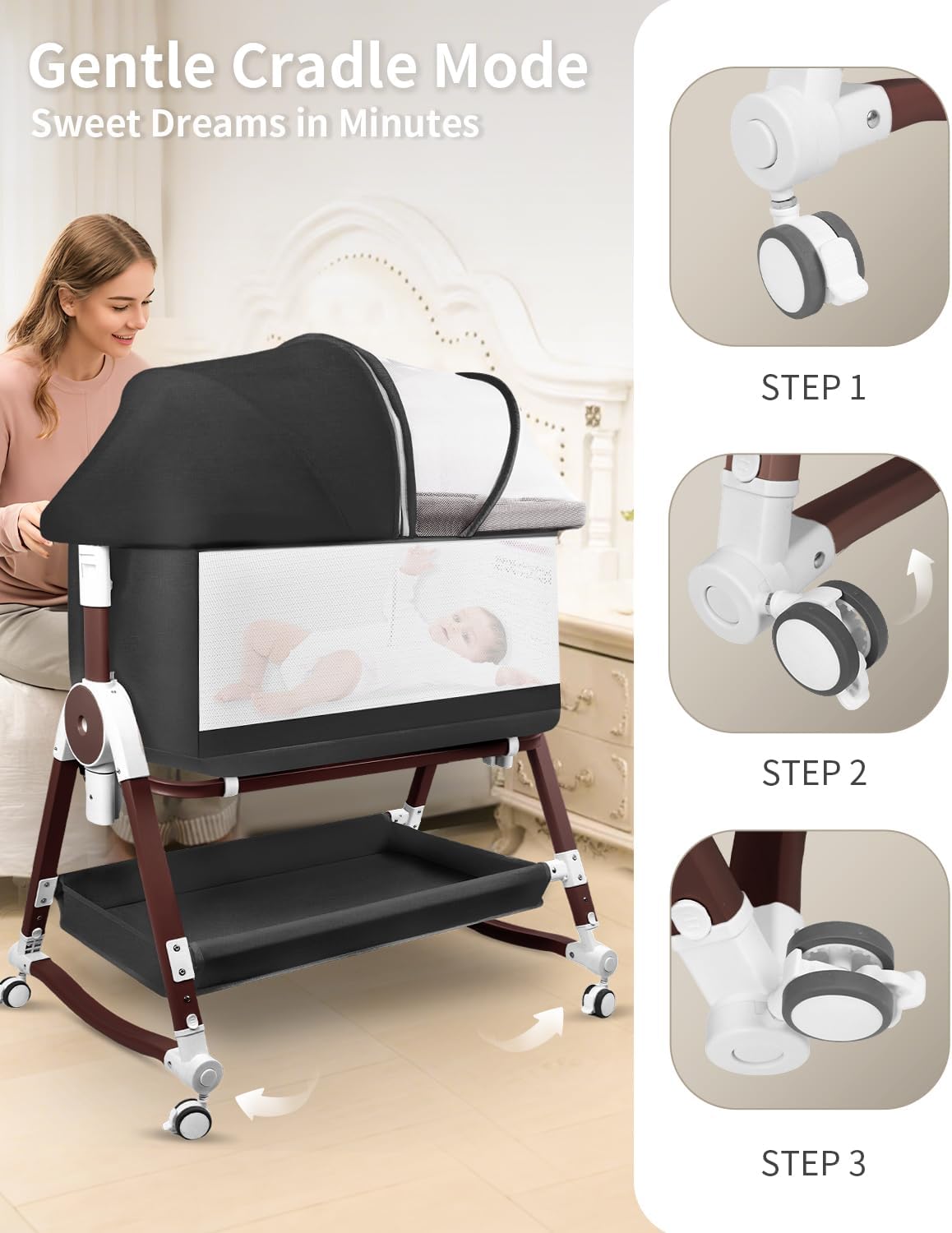 4 in 1 Baby Bassinet, Bassinets Bedside Sleeper with Wheels and Storage Basket, Adjustable 7 Heights Bedside Sleeper with Mosquito Net, Breathable Mesh Rocking Bassinet for Baby