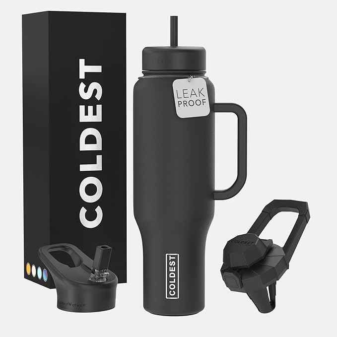 Coldest Tumbler with Handle and Straw - 100% Leak Proof Insulated Tumbler with Lid and Straw (3 Lids) - Stainless Steel Tumblers for Women & Men - Cup Holder Friendly Base, 46 oz (Stealth Black)