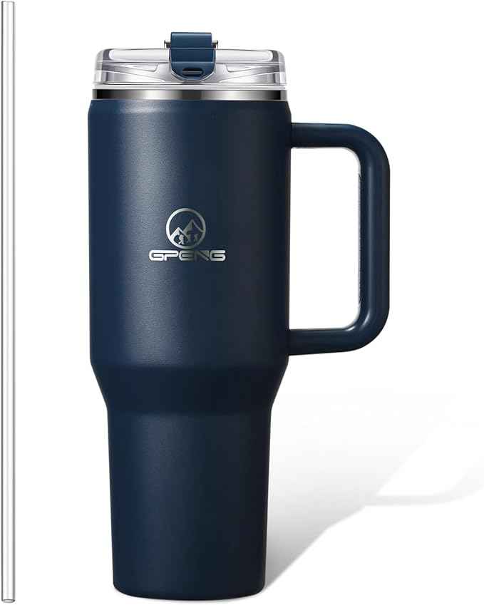 Gpeng 30/40/50 oz Tumbler with Handle, Water Bottles with Straw Lid, Insulated Stainless Steel Travel Mug Cup Holder Friendly, Keep Drinks Cold or Hot for Hours (DeepBlue, 40 oz)