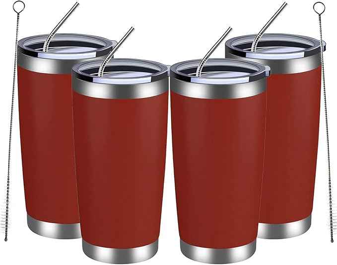 MEWAY 20oz Tumbler 4 Pack Double Wall Vacuum Insulated Travel Mug Bulk, Stainless Steel Tumblers with Lid and Straw, Powder Coated Coffee Cups for Cold & Hot Drinks (Red, Set of 4)