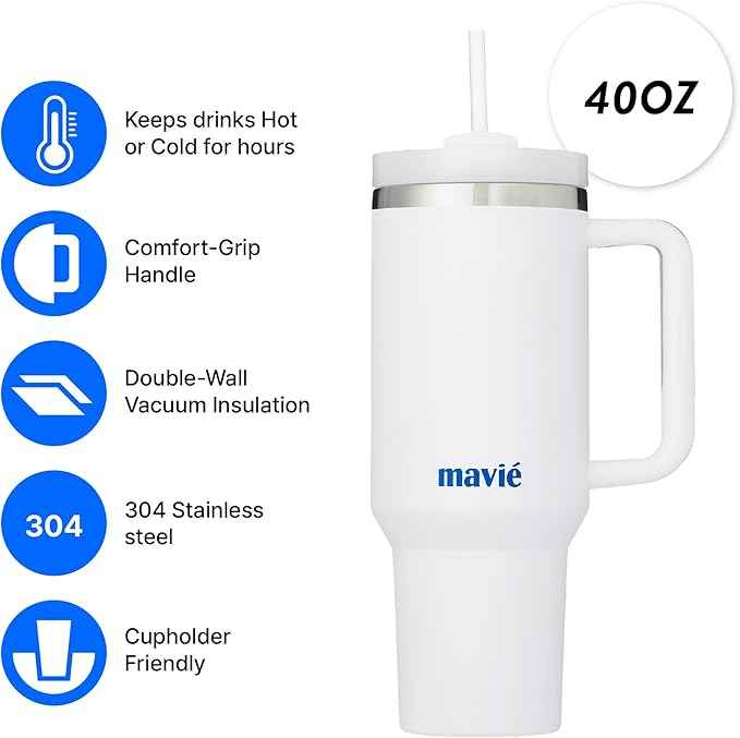 40oz Tumbler With Handle & Straw, Vacuum Insulated Stainless Steel Water Bottle With Leakproof Twist Sip Lid, Rubber Base, Dishwasher Safe, Cup Holder Friendly Travel Coffee Mug (White)