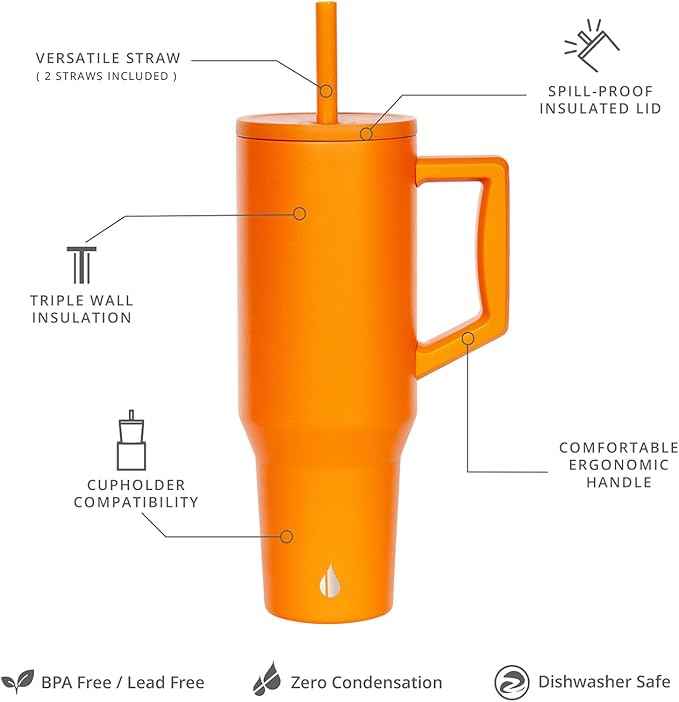 Elemental 40 oz Tumbler with Handle and Straw - Spill Proof Insulated Stainless Steel Commuter for Cold Beverages - Travel Coffee Mug with 2 Straws & Spill Proof Lid - 40oz - Orange
