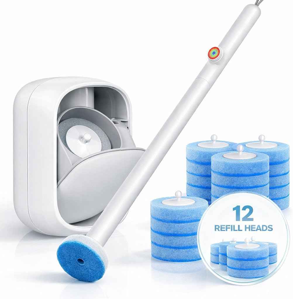 Disposable Toilet Cleaner Wand and Holder Set, Wall Mounted Toilet Bowl Brush Kit with 12 Refill Heads, Hygienic Toilet Cleaning System for Bathroom and RV