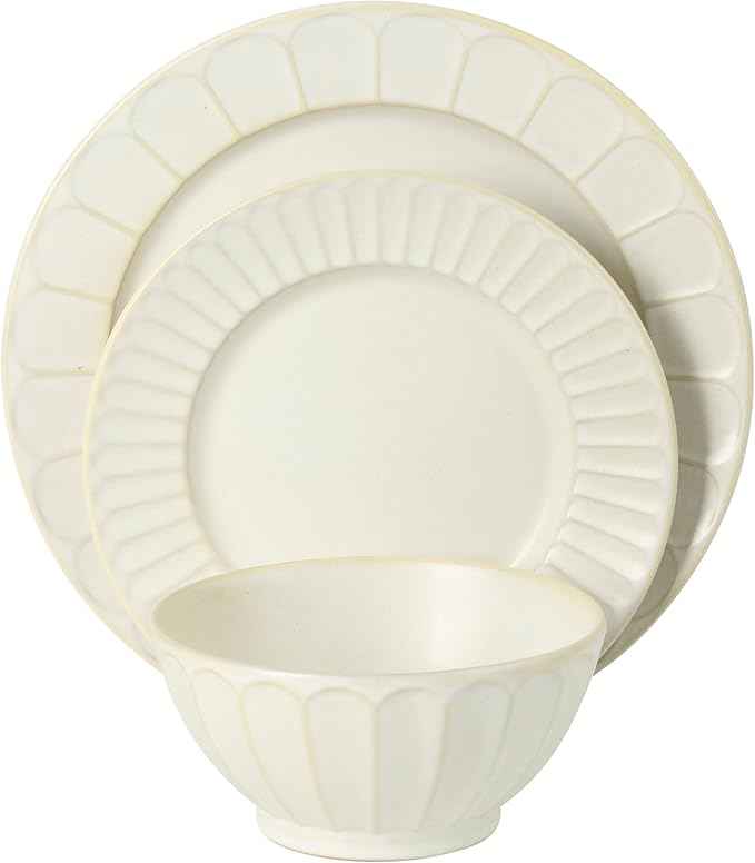 Gibson Elite Winchester Way 12-Piece Embossed Stoneware Dinnerware Set – Reactive Matte Glaze, Durable Lightweight-Tech Plates & Bowls, Everyday Dish Set, Microwave & Dishwasher Safe – Off-White
