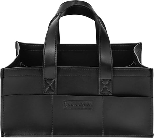 Premium Vegan Leather Baby Diaper Caddy Organizer – Portable Storage Basket for Newborn Essentials, Changing Table, Nursery, Car & Travel, Gifts for Baby Shower (Liquorice Black)