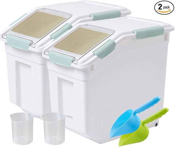 Saim Rice Container 25 lbs, Large Airtight Flour Storage Container with Wheels Measuring Cup, 2 Pack a Set BPA free Food Bin Grain Organizer Box for Dry Baking Supplies Kitchen Pantry Cereal (Green)