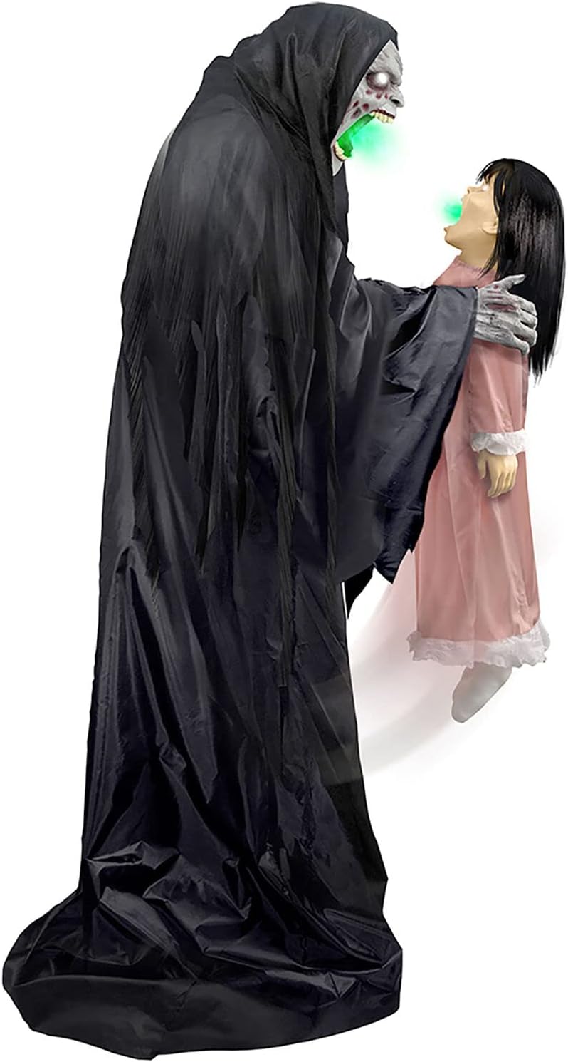 Haunted Hill Farm Soul Sucker Demon Reaper with Child by Tekky, Motion-Activated Talking Halloween Animatronic for Creepy Indoor or Covered Outdoor Halloween Decorations, Plug-in or Battery Operated